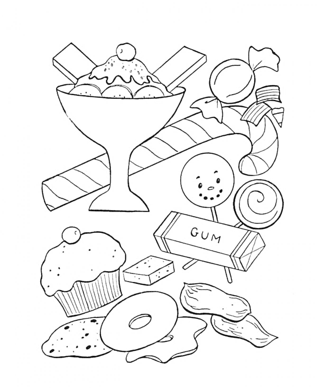 Раскраска Мороженое и сладости (в вазе мороженое, палочки вафельные, конфета, капкейк, пончик, жевательная резинка), нужна конкретика
