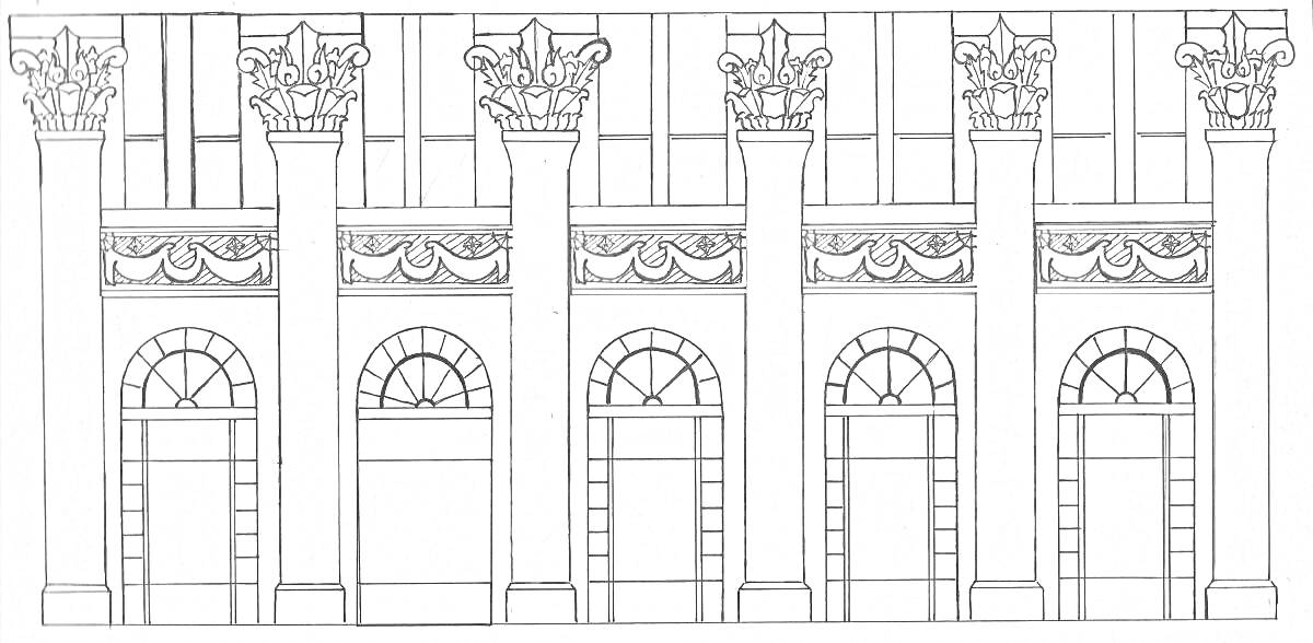 На раскраске изображено: Фасад, Здание, Колонны, Архитектура, Орнамент, Декор