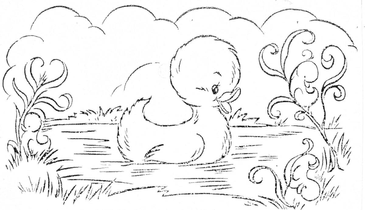 На раскраске изображено: Пруд, Трава, Кусты, Облака, Природа, Вода