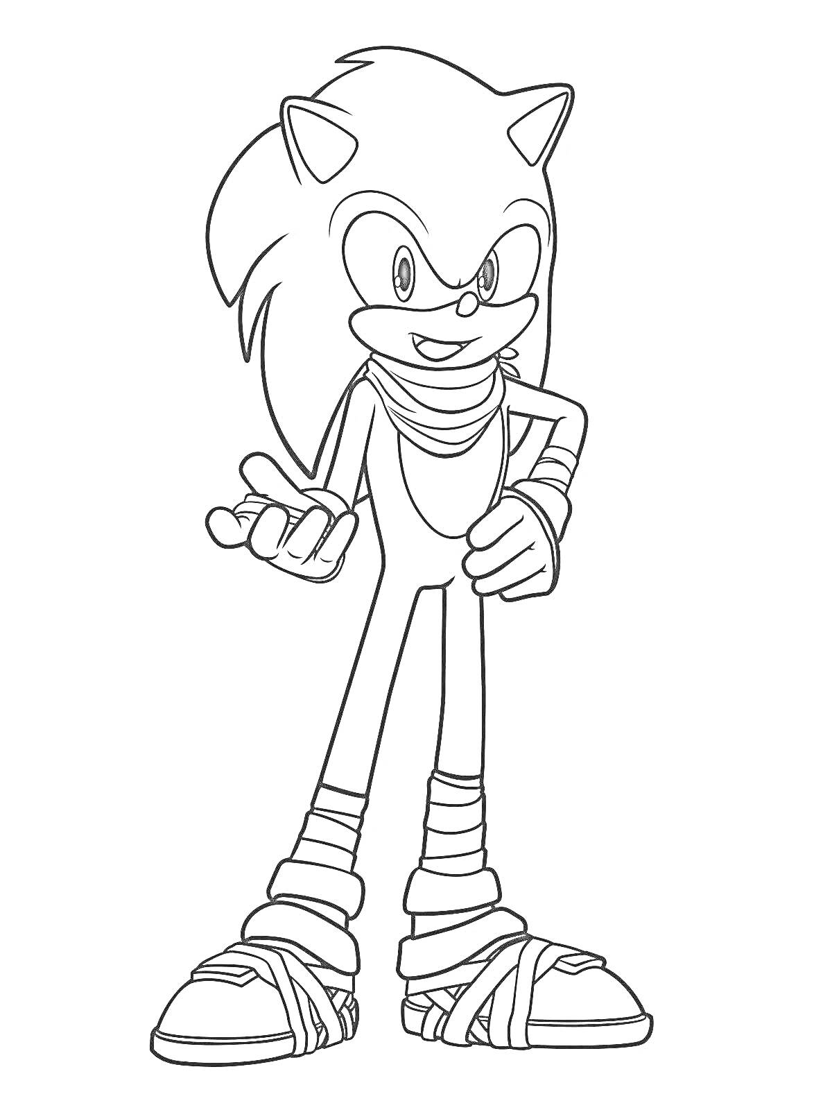 На раскраске изображено: Еж, Шипы, Повязка, Ботинки