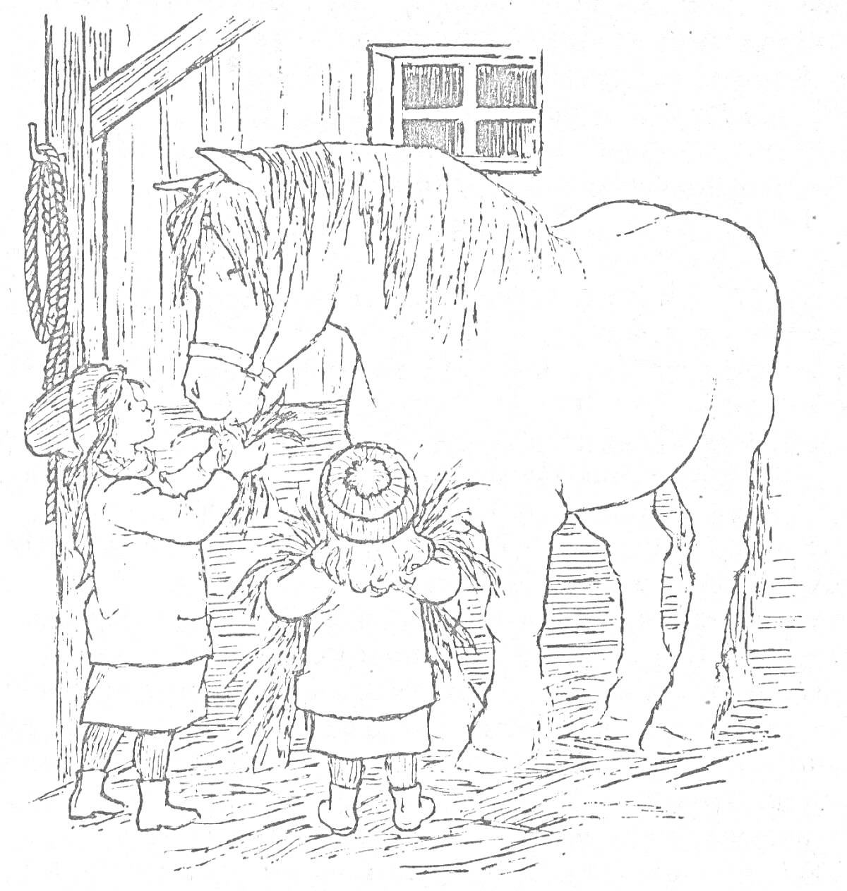 На раскраске изображено: Конь, Лошадь, Сарай, Сено, Зима, Домашние животные, Для детей, Шапка, Окна, Куртка, Корм