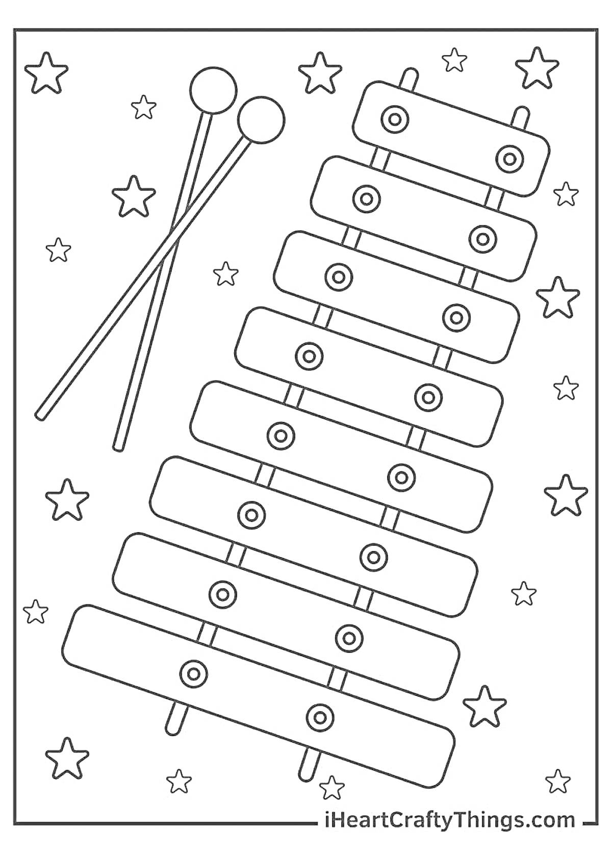Раскраска Ксилофон с палочками и звёздами