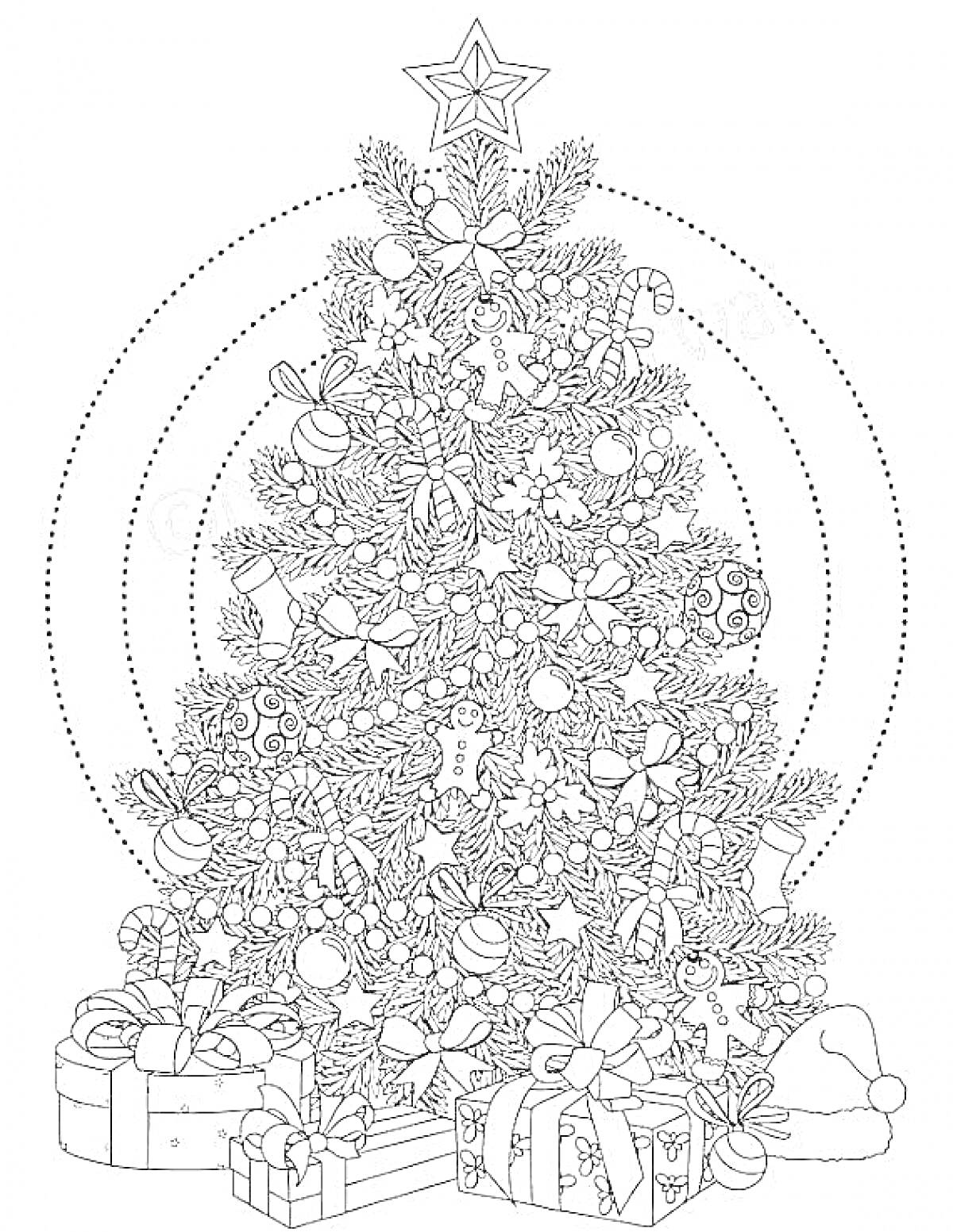 Раскраска новогодняя ёлка с подарками, шарами, звездой, бантиками, конфетами, носками, елочными игрушками и гирляндами