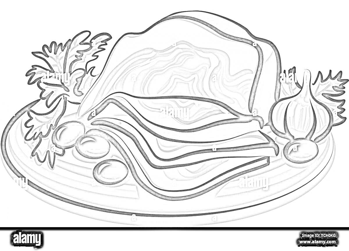 Раскраска Бекон с овощами и зеленью на тарелке