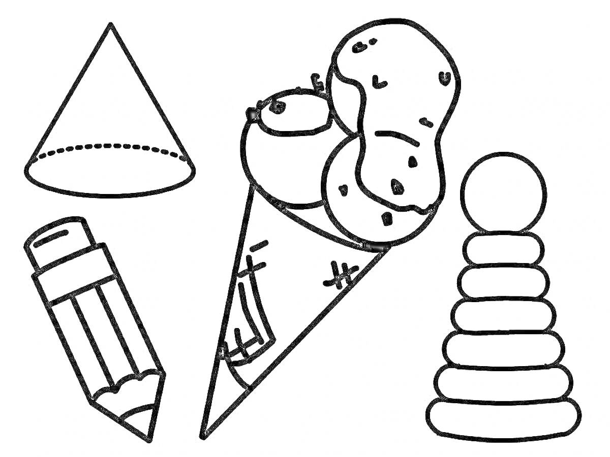 На раскраске изображено: Конус, Мороженое, Вафельный стаканчик, Фигуры