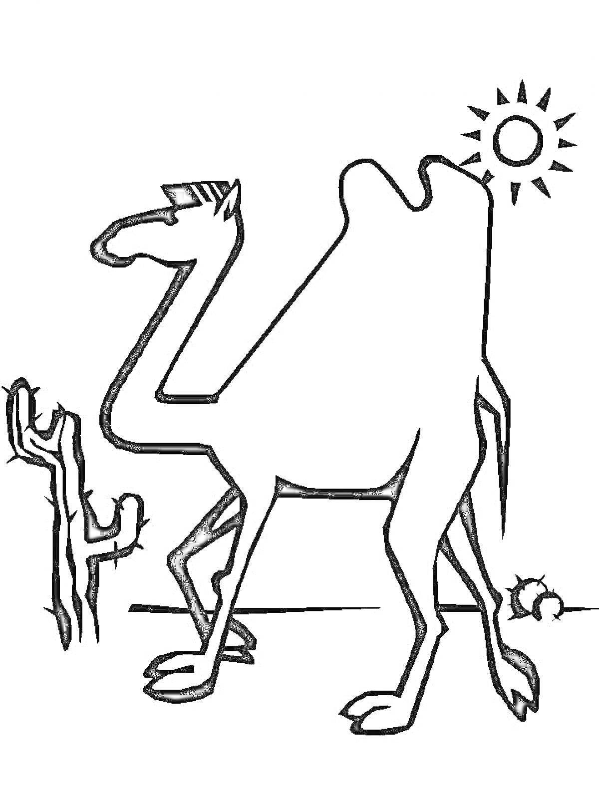 На раскраске изображено: Верблюд, Пустыня, Солнце, Животные, Природа, Для детей, Кактусы
