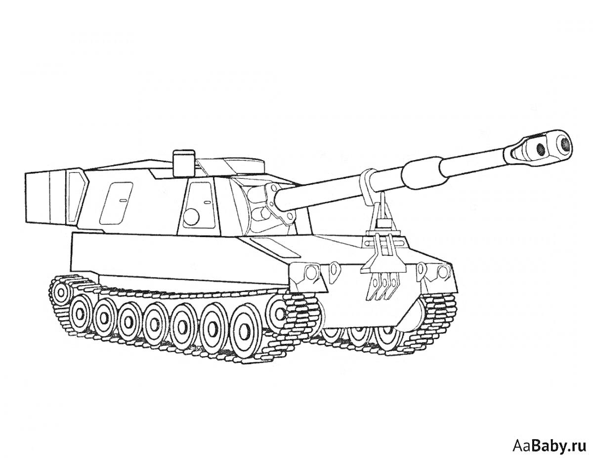 Раскраска Танк с длинной пушкой и глазами, шасси с гусеницами и деталями брони.