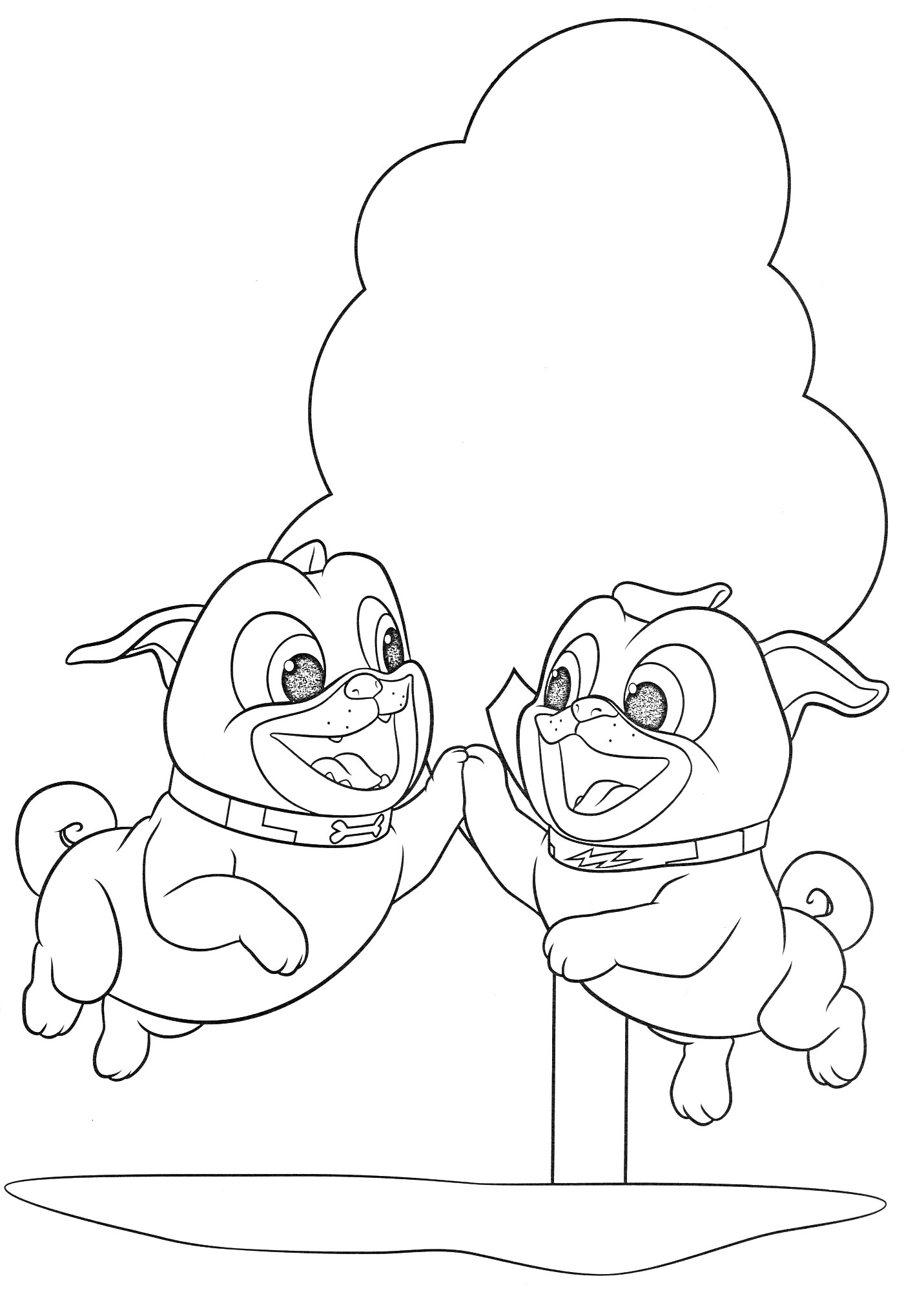 Раскраска Два дружелюбных мопса прыгают вместе возле дерева