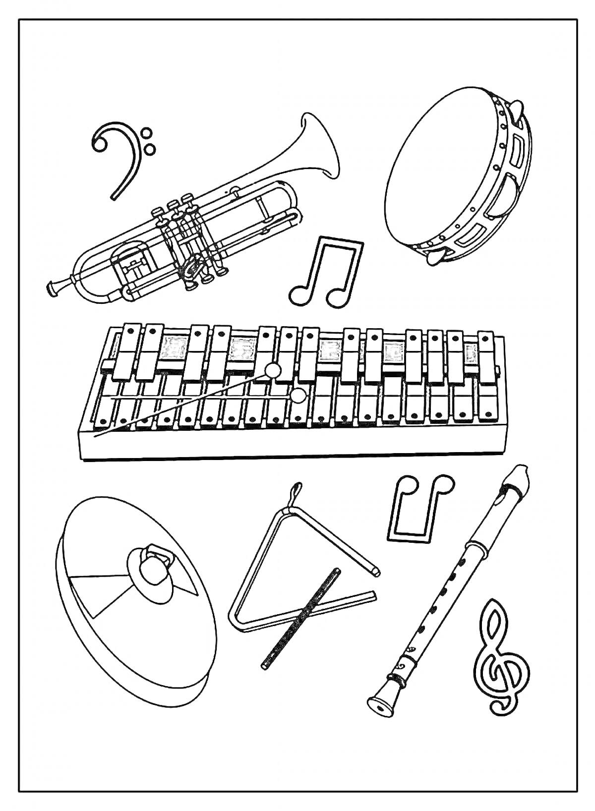 На раскраске изображено: Музыкальные инструменты, Труба, Ксилофон, Бубен, Флейта, Ноты, Скрипичный ключ, Басовый ключ