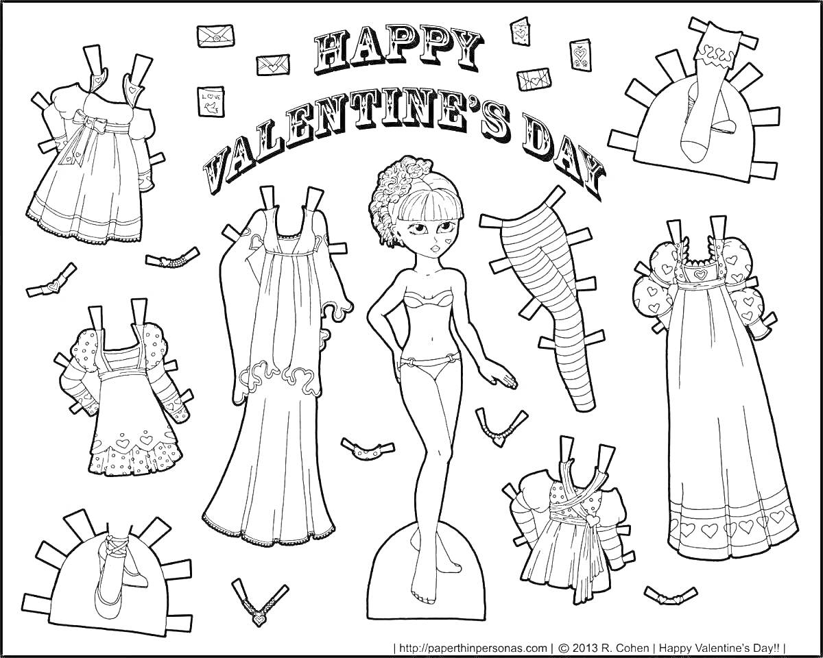Раскраска Кукла с одеждой для вырезания. Happy Valentine's Day. Включает куклу, пять платьев, штаны, туфли, бантики, декоративные элементы.