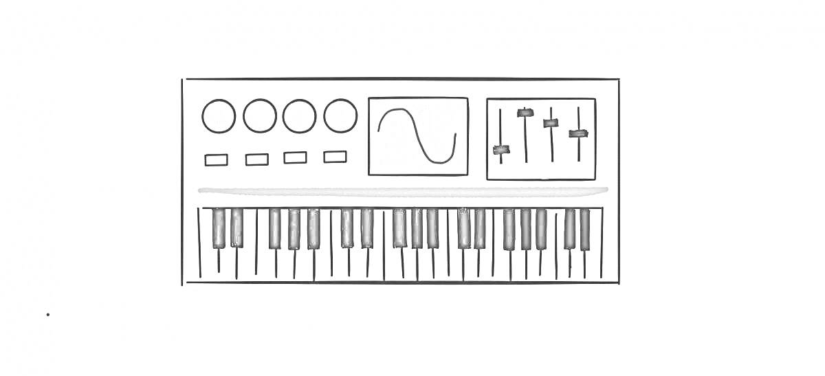 Раскраска Синтезатор с клавишами, кнопками, дисплеем, регуляторами и ручками