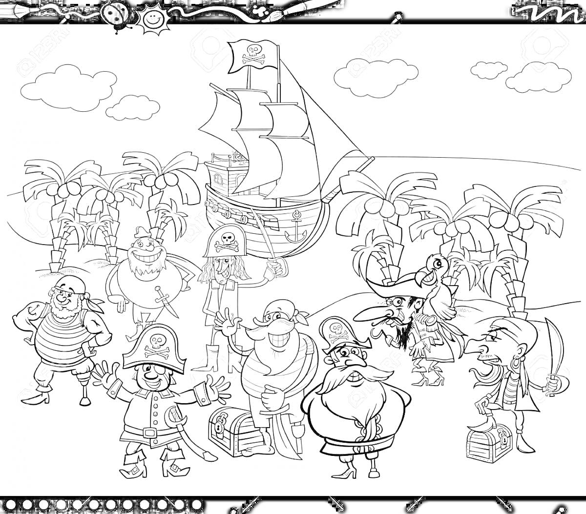 Раскраска Пираты на острове сокровищ, корабль с парусами, пальмы, treasure chest, карта, пальмы, облака