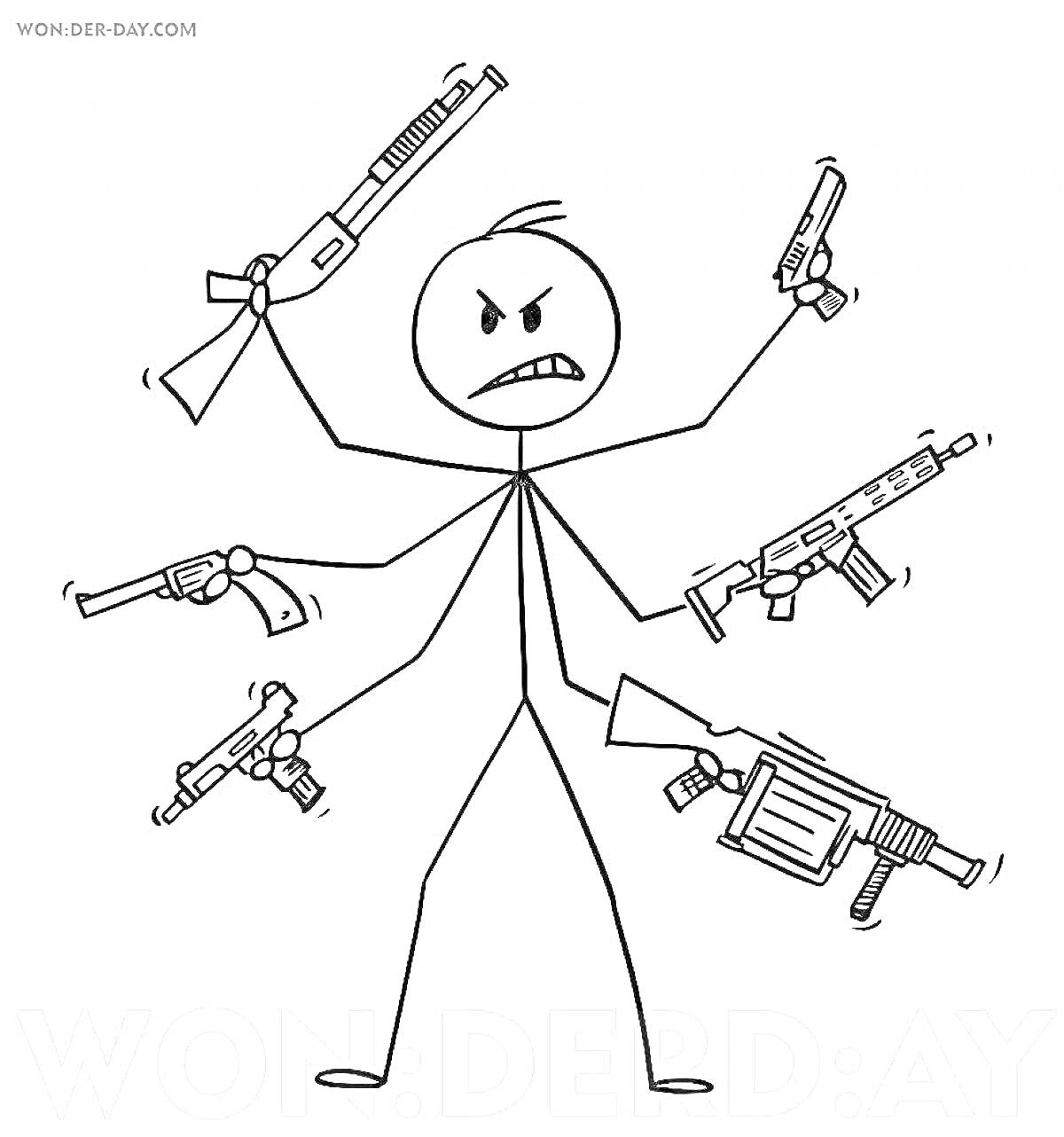 На раскраске изображено: Генри Стикмен, Оружие, Пистолет, Винтовка, Автомат, Пистолет-пулемет