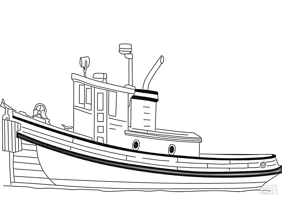 На раскраске изображено: Буксир, Корабль, Лодка, Море, Транспорт, Иллюминаторы, Руль