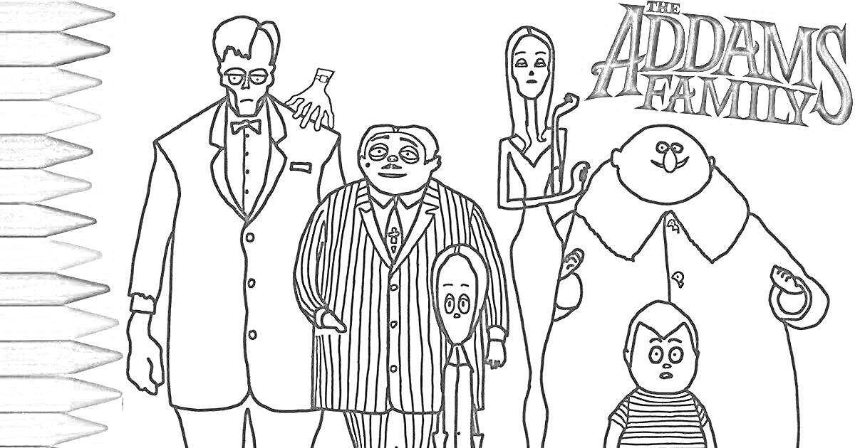 Семья Аддамс — семья в полном составе с уэнсдей аддамс, гомером аддамсом, мортисией аддамс и детьми, с логотипом 