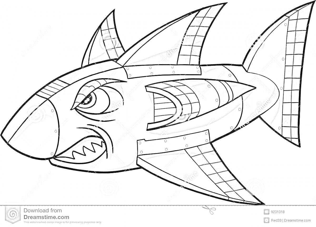 Раскраска Акула робот с механическими элементами, зубами, плавниками и хвостом в клеточку и полосками