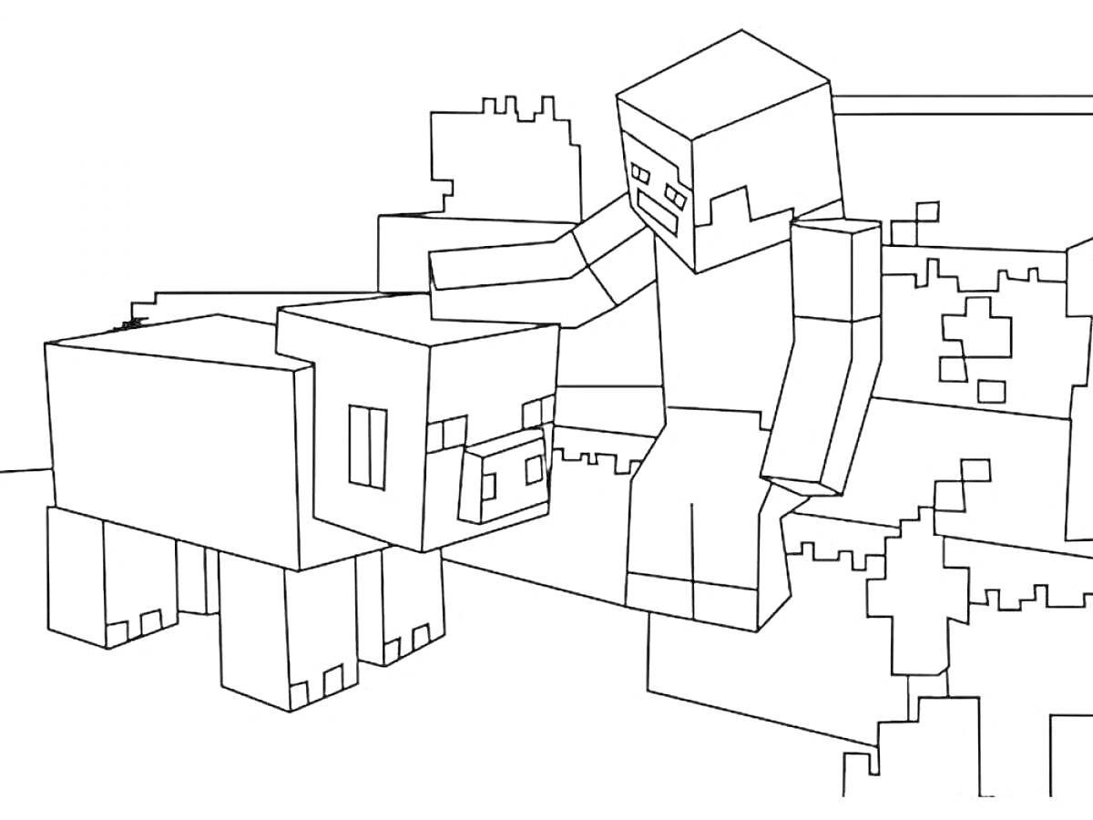 Раскраска Майнкрафт персонаж с поросёнком на фоне блоков