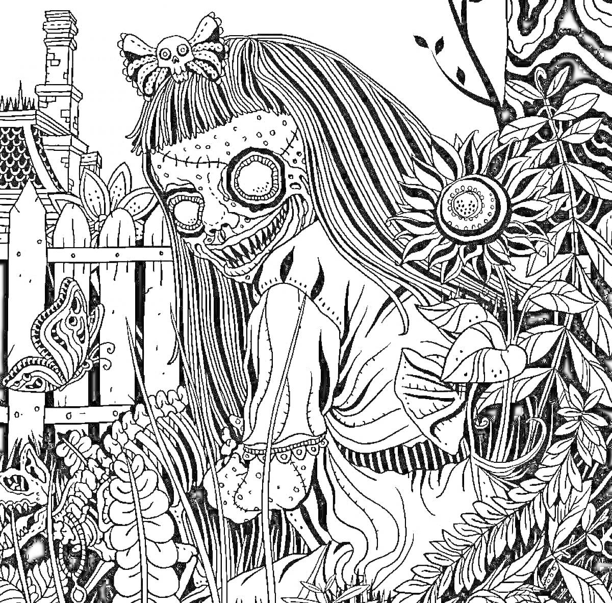 Раскраска Жуткая кукла в лесу с зашитыми глазами, цветком, бабочками и забором на заднем плане.