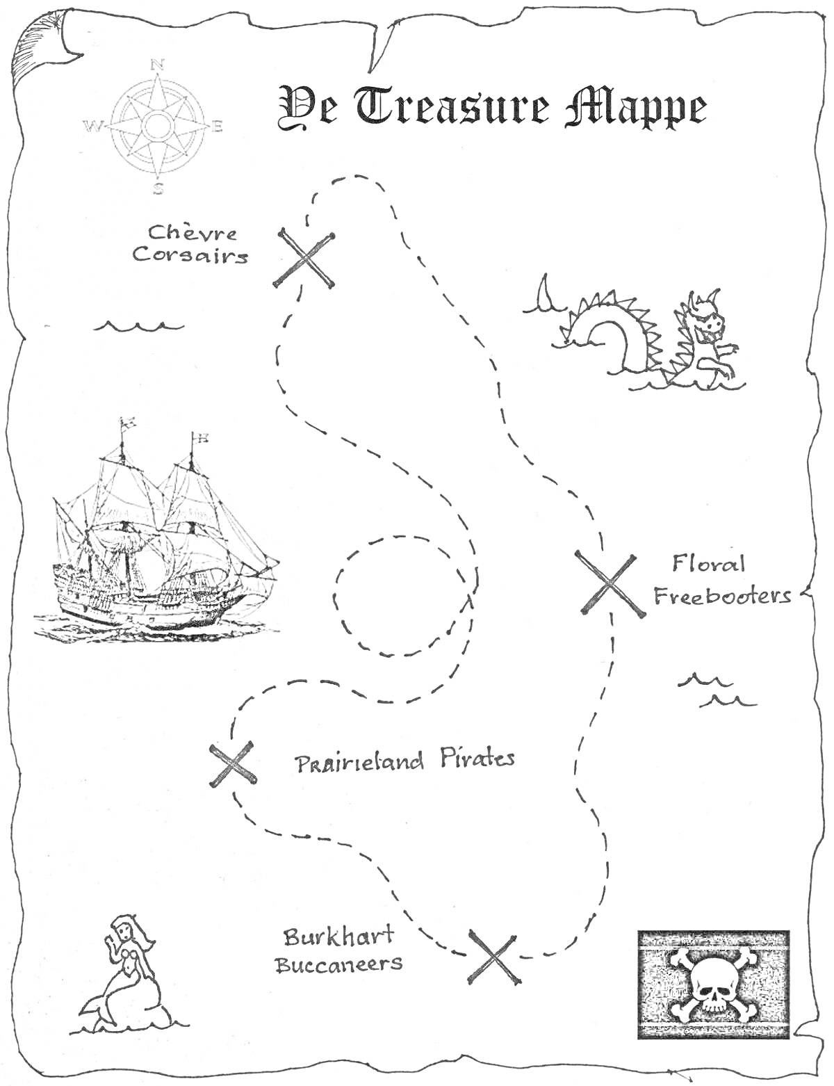 Раскраска Карта сокровищ для детей с кораблём, драконом, компасом, черепом и скрещёнными костями, пиратами и метками сокровищ