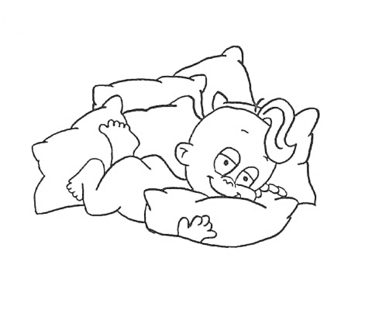 Раскраска Малыш лежит на подушках