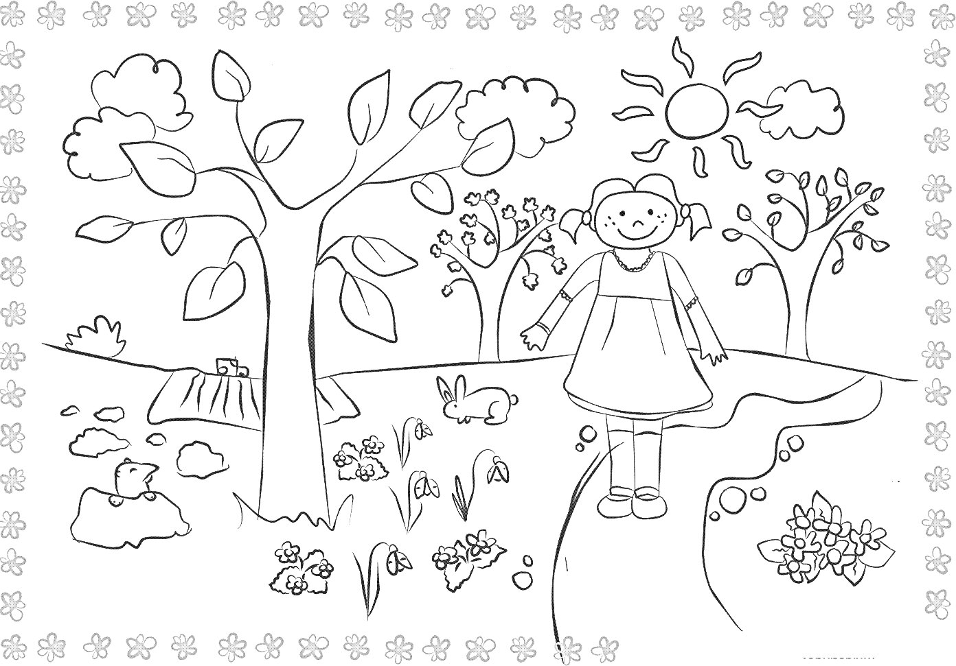 Раскраска Девочка на летней полянке с деревьями, кроликом, птицами, цветами и солнцем
