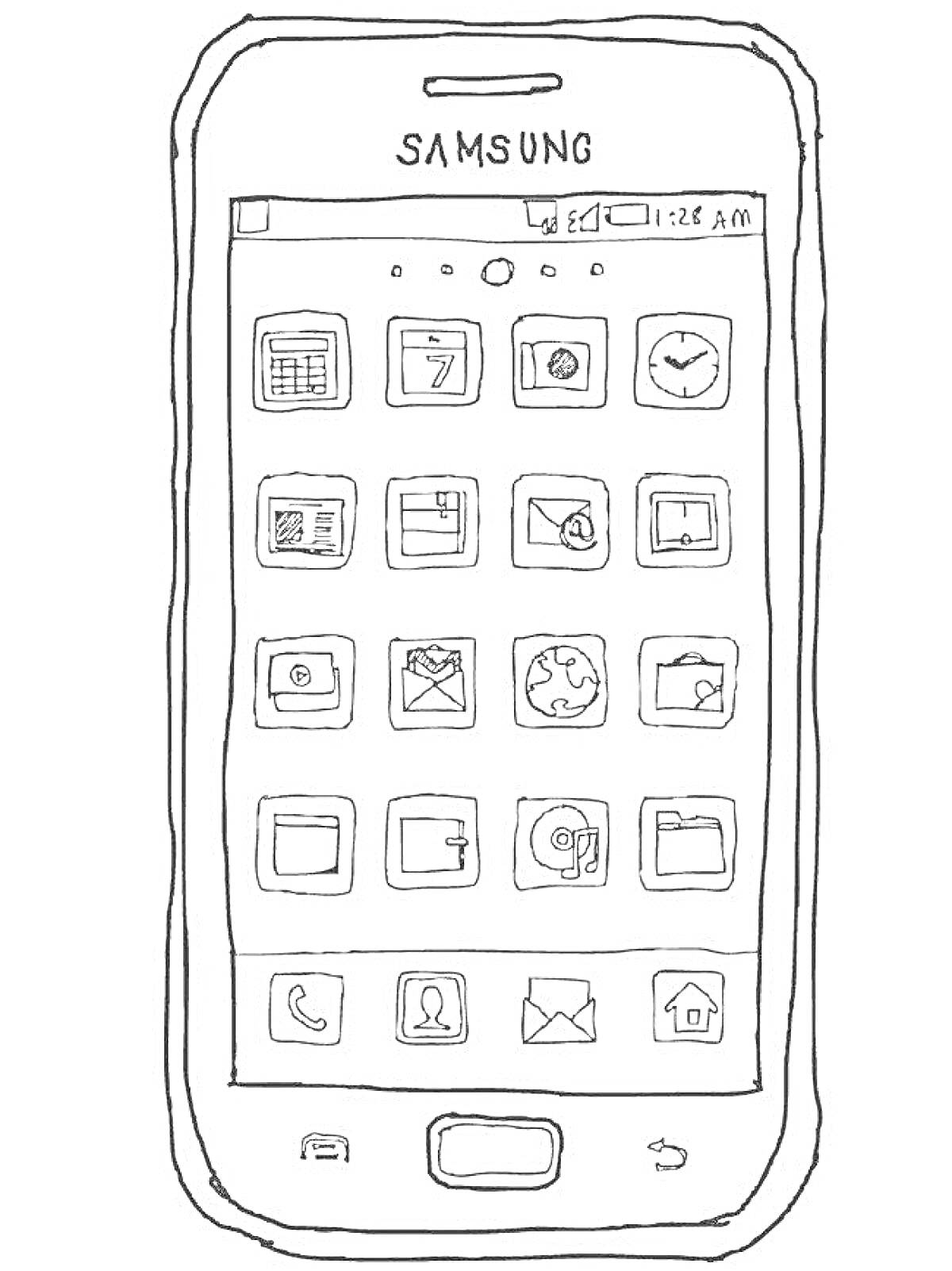 Раскраска Телефон Samsung с иконками приложений (календарь, контакты, часы, настройки, сообщения, галерея, браузер, калькулятор, почта)