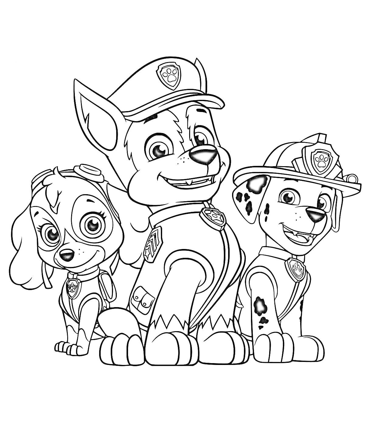 Раскраска Три щенка в форме: два щенка в полицейской форме и один щенок в пожарной форме
