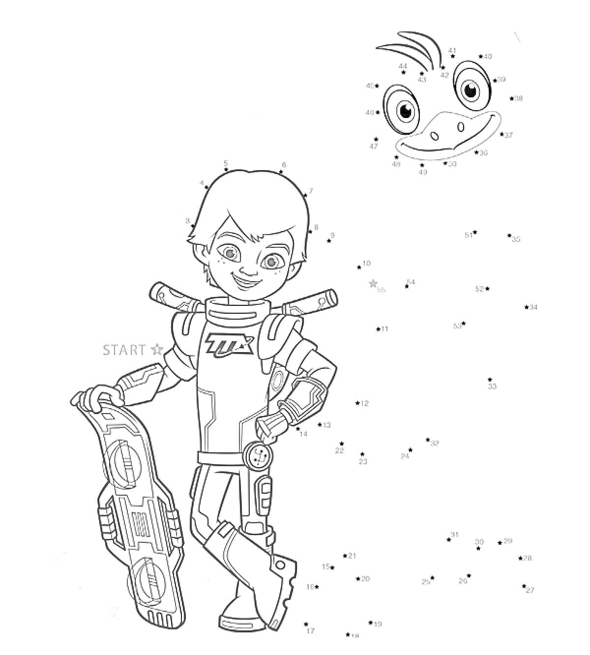 мальчик в космическом костюме с ховербордом и точки для соединения, чтобы нарисовать улыбающегося инопланетного персонажа