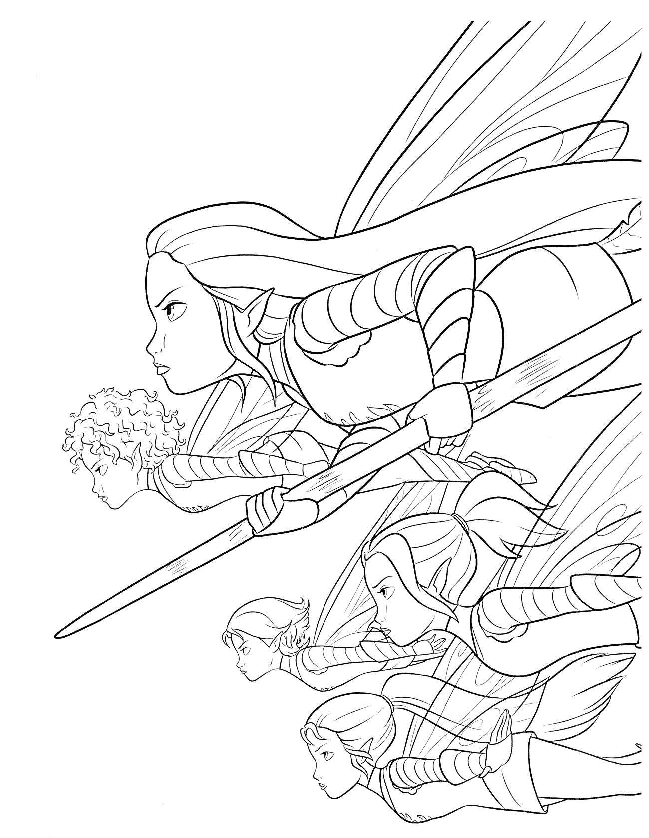 Раскраска Феи, летящие с мечом, из мультфильма 