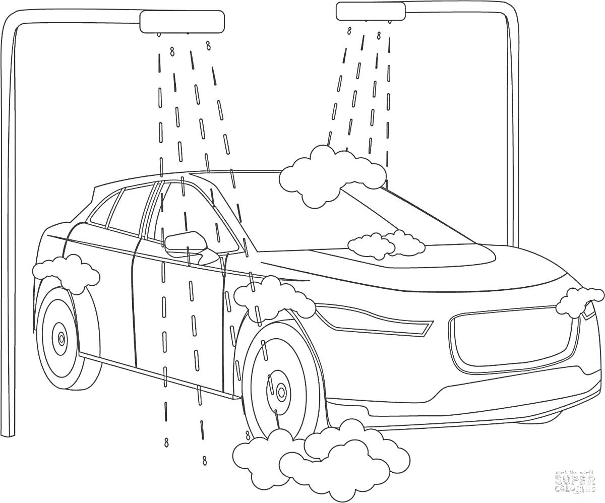 Раскраска автомобиль на автомойке под струями воды с пеной