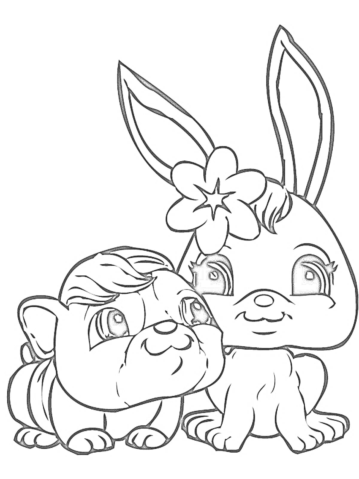 Раскраска Щенок и кролик с бантом-флорой, сидящие рядом