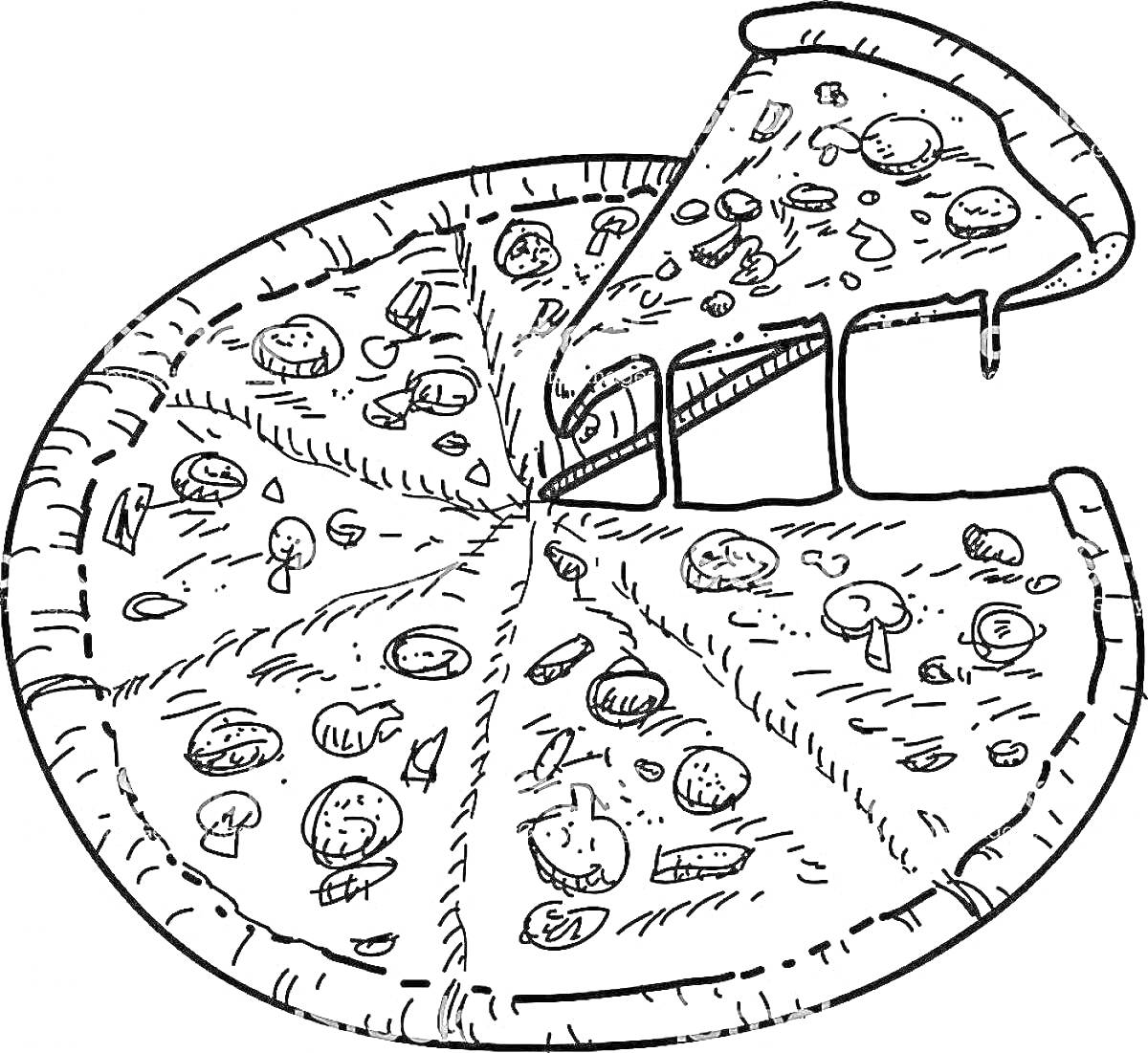 Раскраска Пицца с ломтиком, открытая сверху с грибами, кусочками колбасы, луком и другими овощами