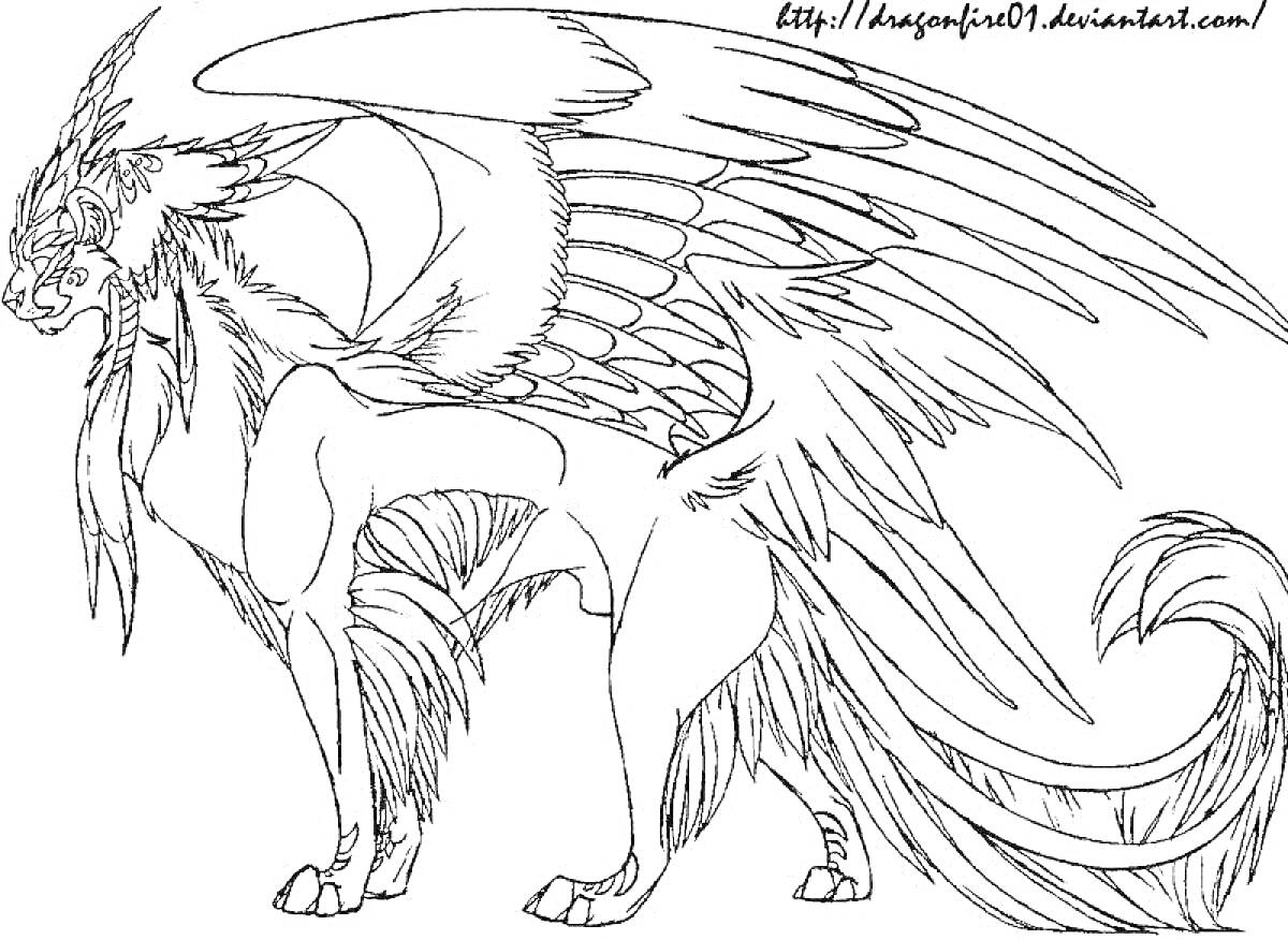 Раскраска Мифическое существо с крыльями и хвостом