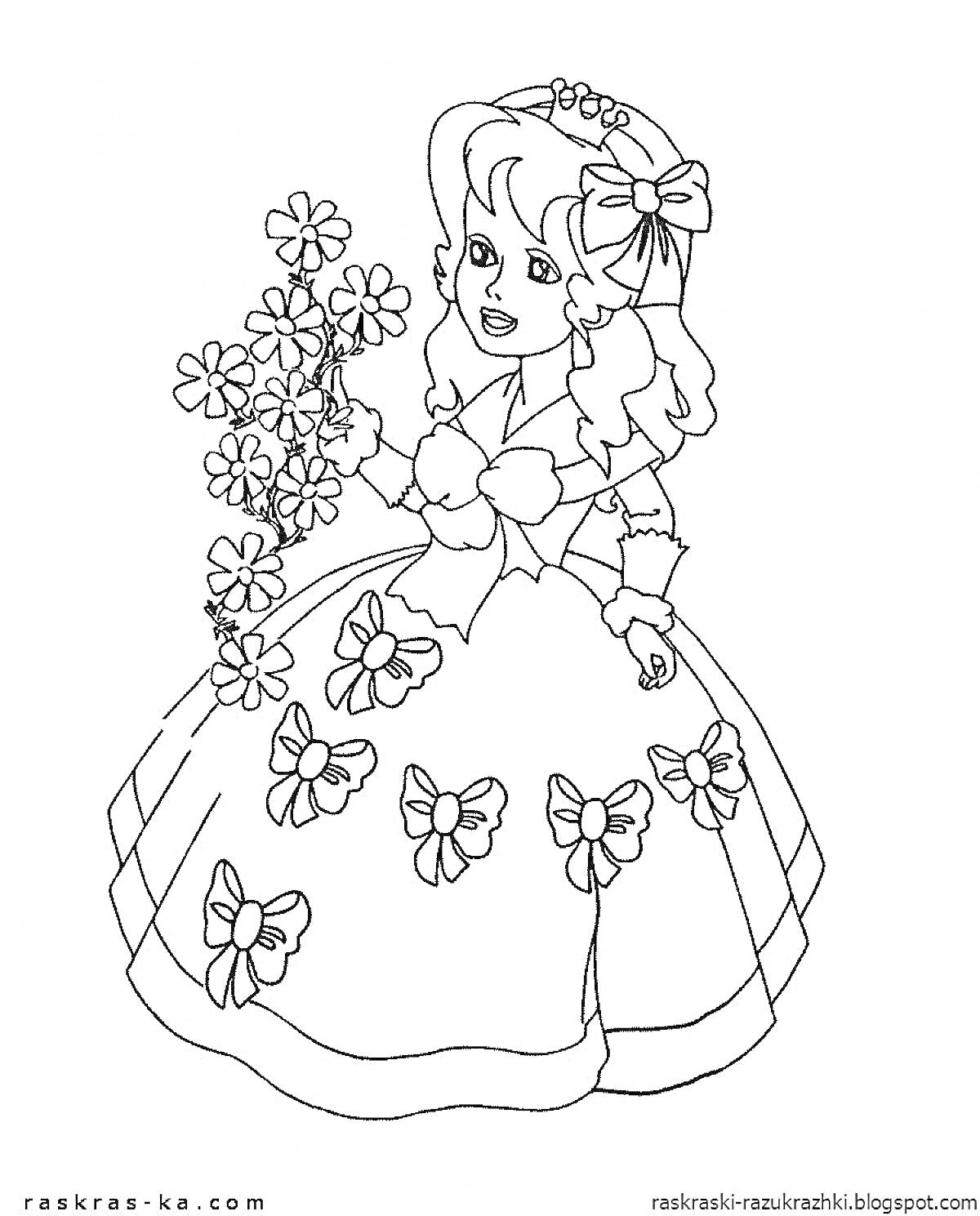 Раскраска Девочка в длинном платье с цветами в руке и бантами на платье
