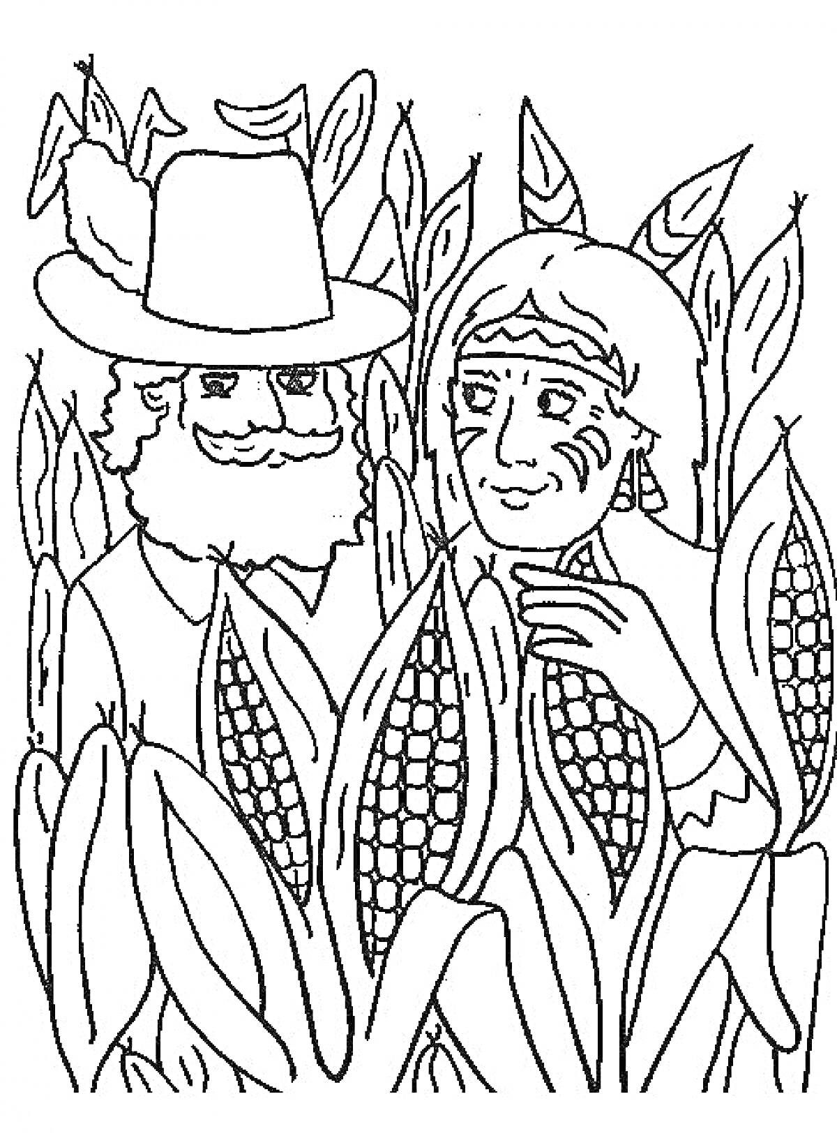 Люди среди кукурузы (человек в шляпе и человек с полосами на лице среди кукурузных стеблей)