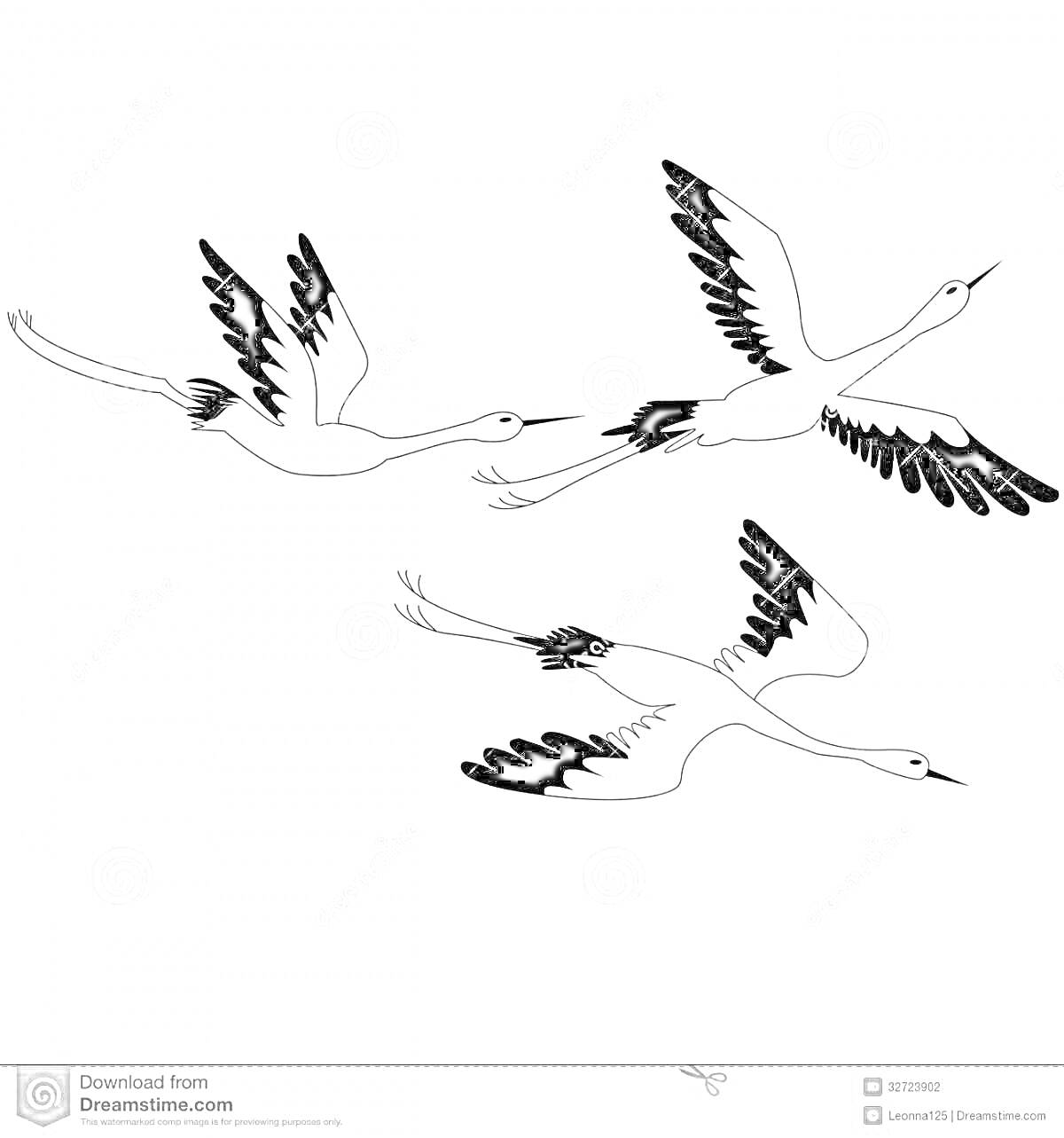 Раскраска Три летящих журавля с черными перьями на крыльях