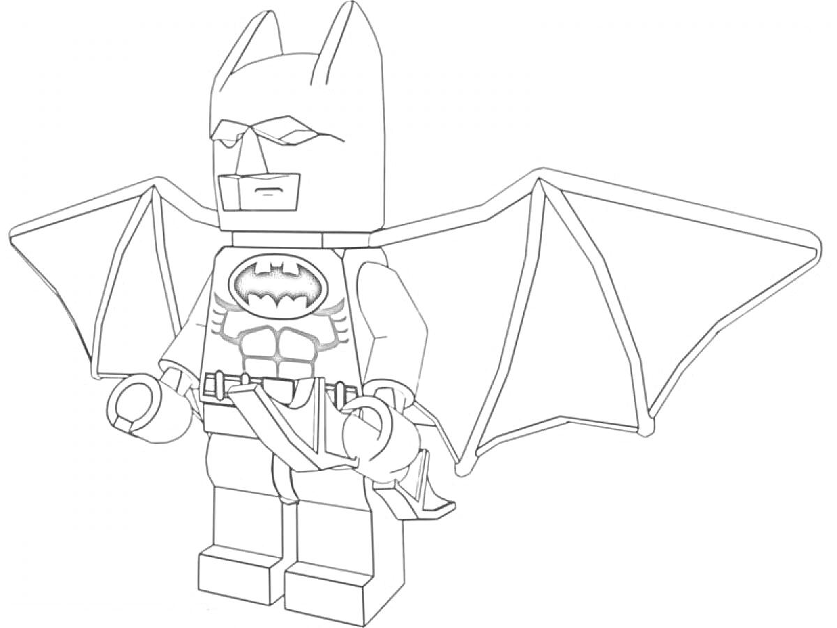 Раскраска LEGO фигурка Бэтмена с крыльями и поясом