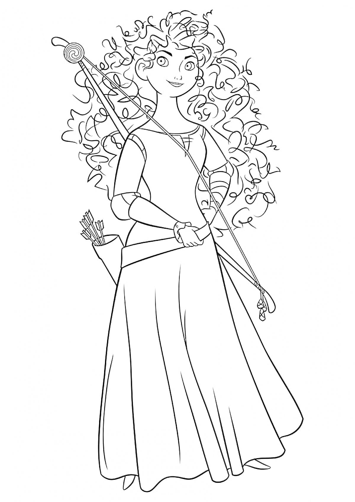 Раскраска Принцесса с луком и стрелами, длинное кудрявое распущенное волосы, в длинном платье с рукавами