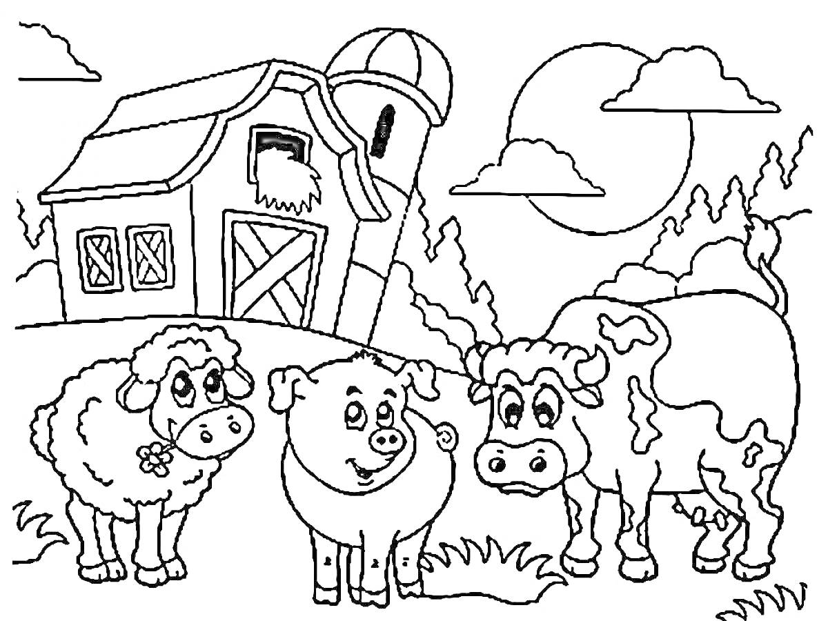 Раскраска Ферма с овцой, свиньей, коровой, сараем и солнцем