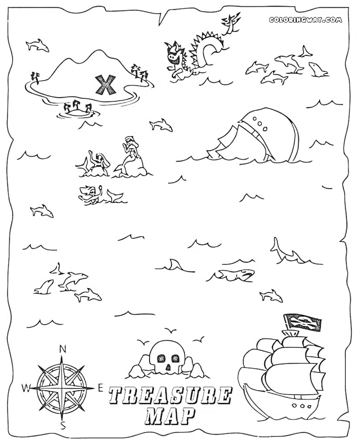 На раскраске изображено: Пиратская карта, Остров, Сундук с сокровищами, Пиратский корабль, Череп, Компас, Сокровища, Море
