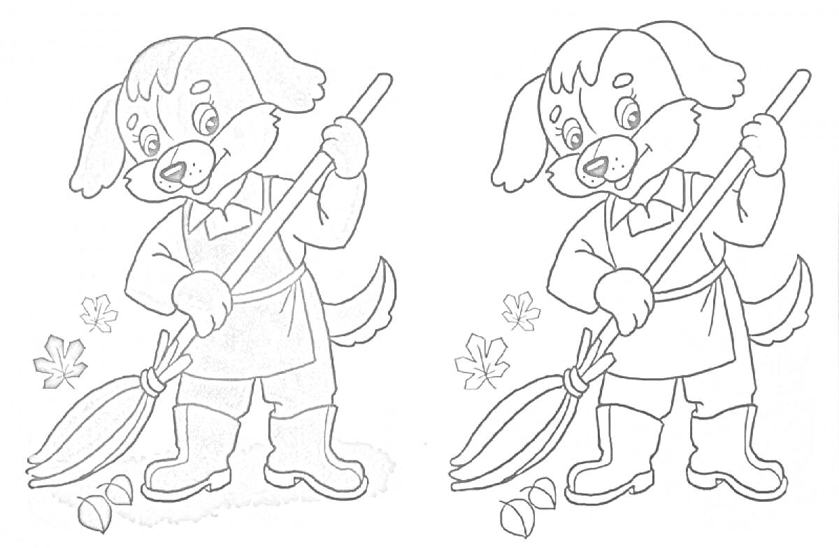 Раскраска Собака с метлой, одетая в рубашку, фартук и сапоги, убирает листья