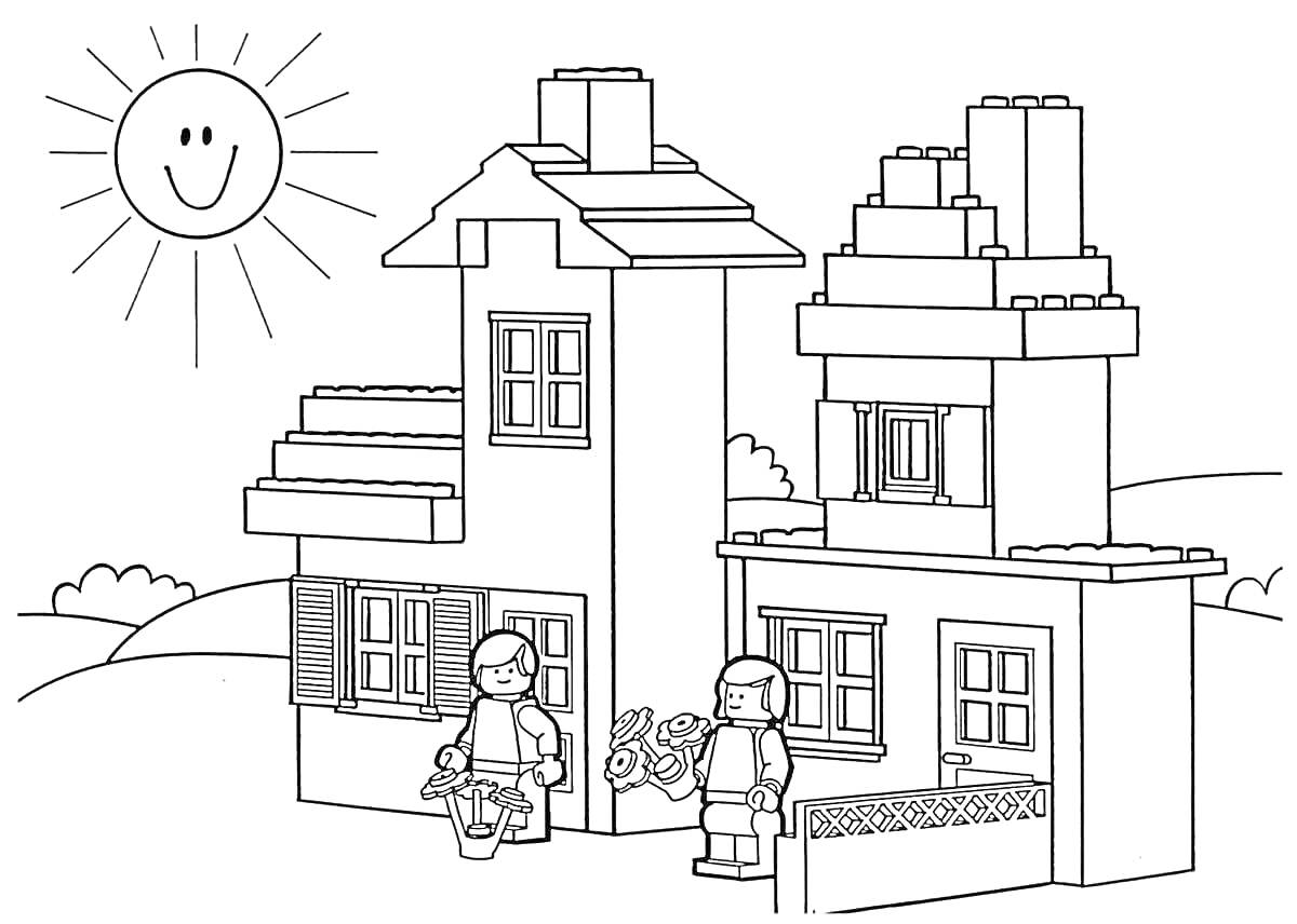 На раскраске изображено: Городской пейзаж, Улыбающееся солнце, Окна, Забор, Холмы, Игрушки, Архитектура, Для детей, Дверь, Персонаж