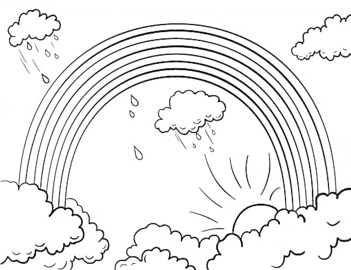 Раскраска Радуга с облаками, солнцем и дождевыми каплями