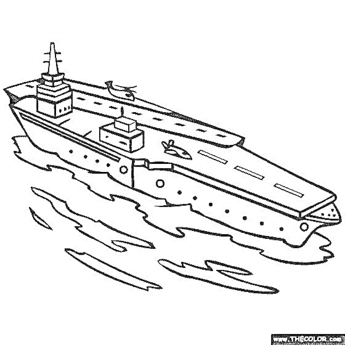 На раскраске изображено: Авианосец, Море, Волны, Вертолет, Корабль, Транспорт