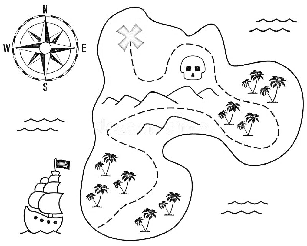 Раскраска Пиратская карта сокровищ с компасом, черепом, деревьями, горной цепью, кораблем с черным парусом и отметкой крестом