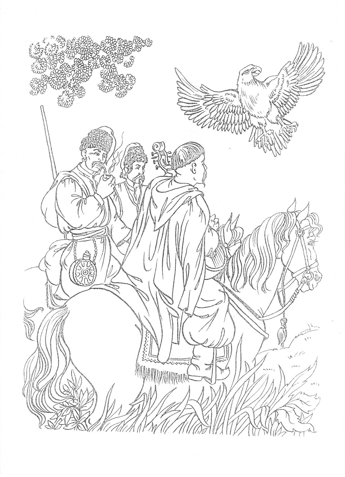 На раскраске изображено: Казаки, Казачка, Лошадь, Сокол, Природа, Облака, Традиционная одежда, Кони