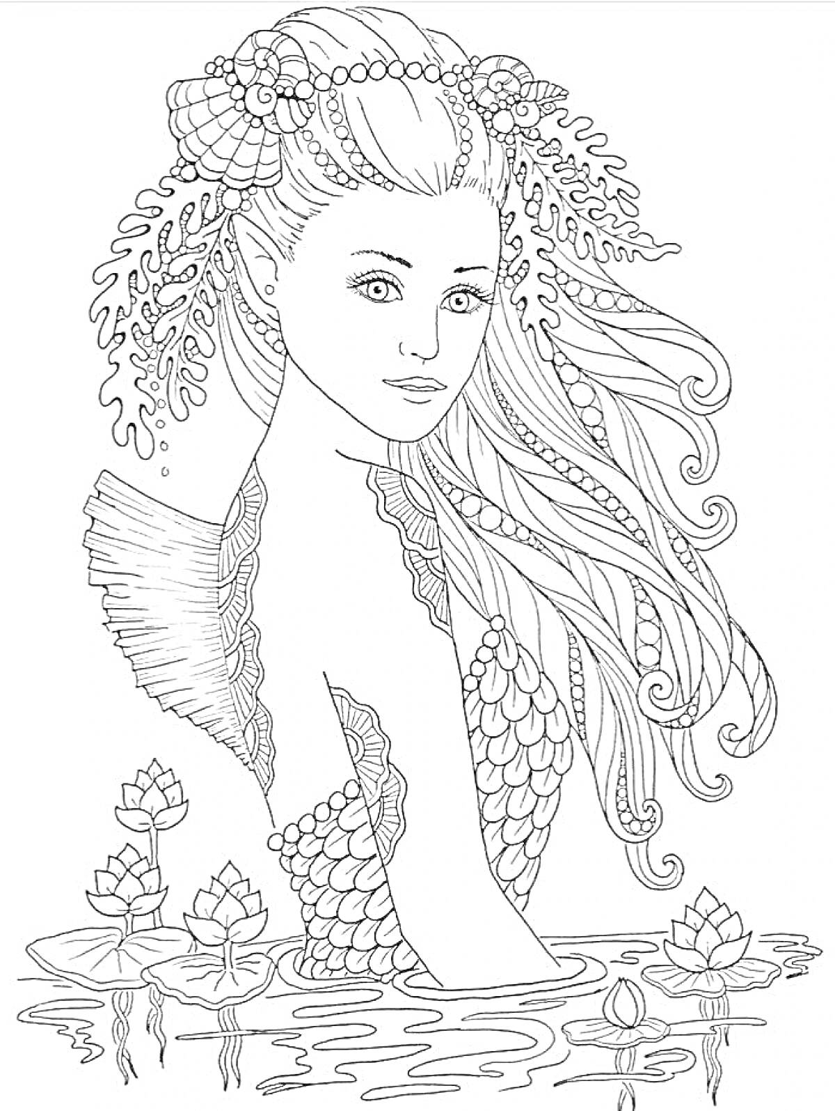 Раскраска Девушка-русалка с распущенными волосами и водными растениями