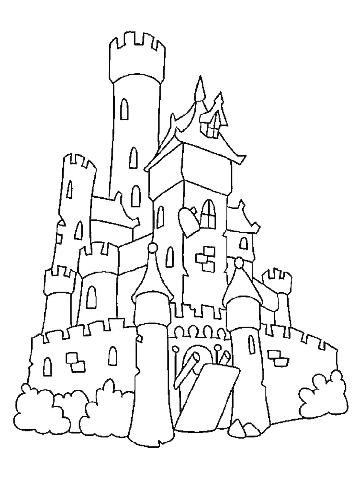 Раскраска Замок с башнями, крышей, окнами, воротами и кустами