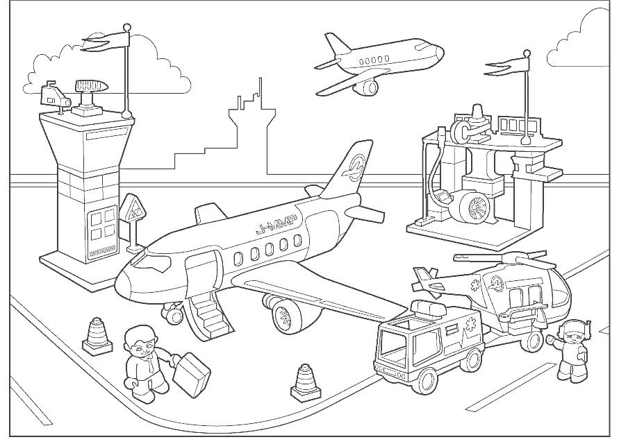 Раскраска Аэропорт с башней управления, самолетами, вертолетом, командой сотрудников и оборудованием