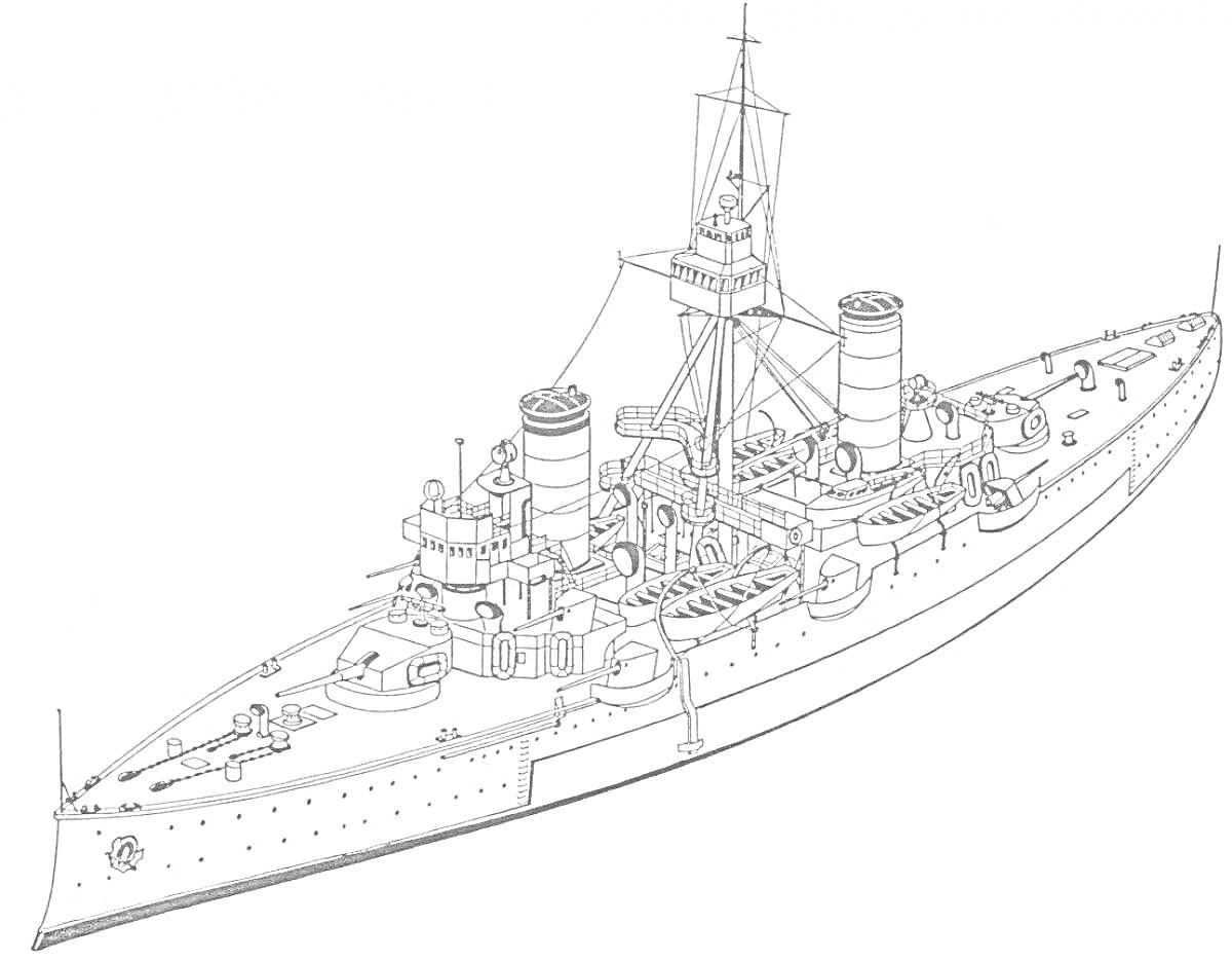 На раскраске изображено: Крейсер, Корабль, Военный корабль, Морская техника, Дымовые трубы